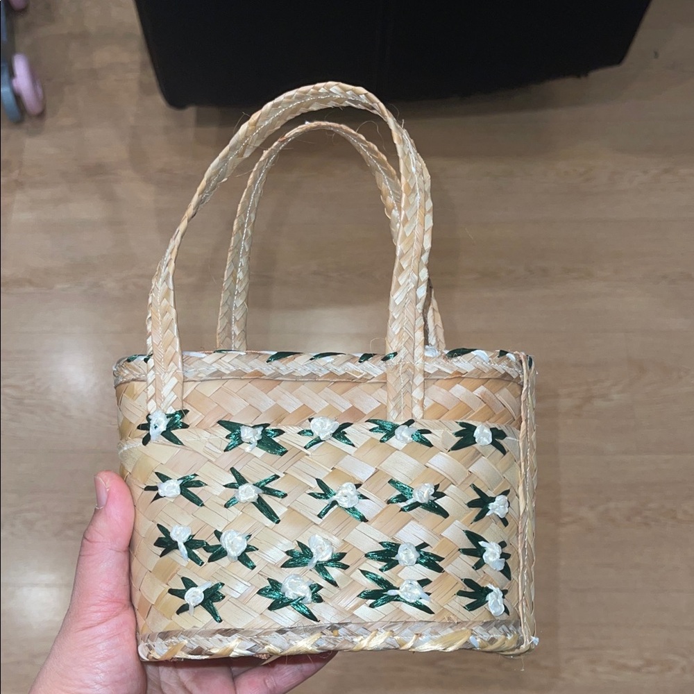 Handwoven Tan and Green Floral Tote